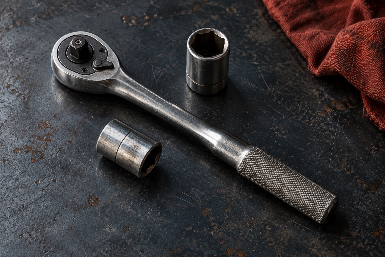 Illustrative still life of a steel ratchet and sockets on a dark work surface